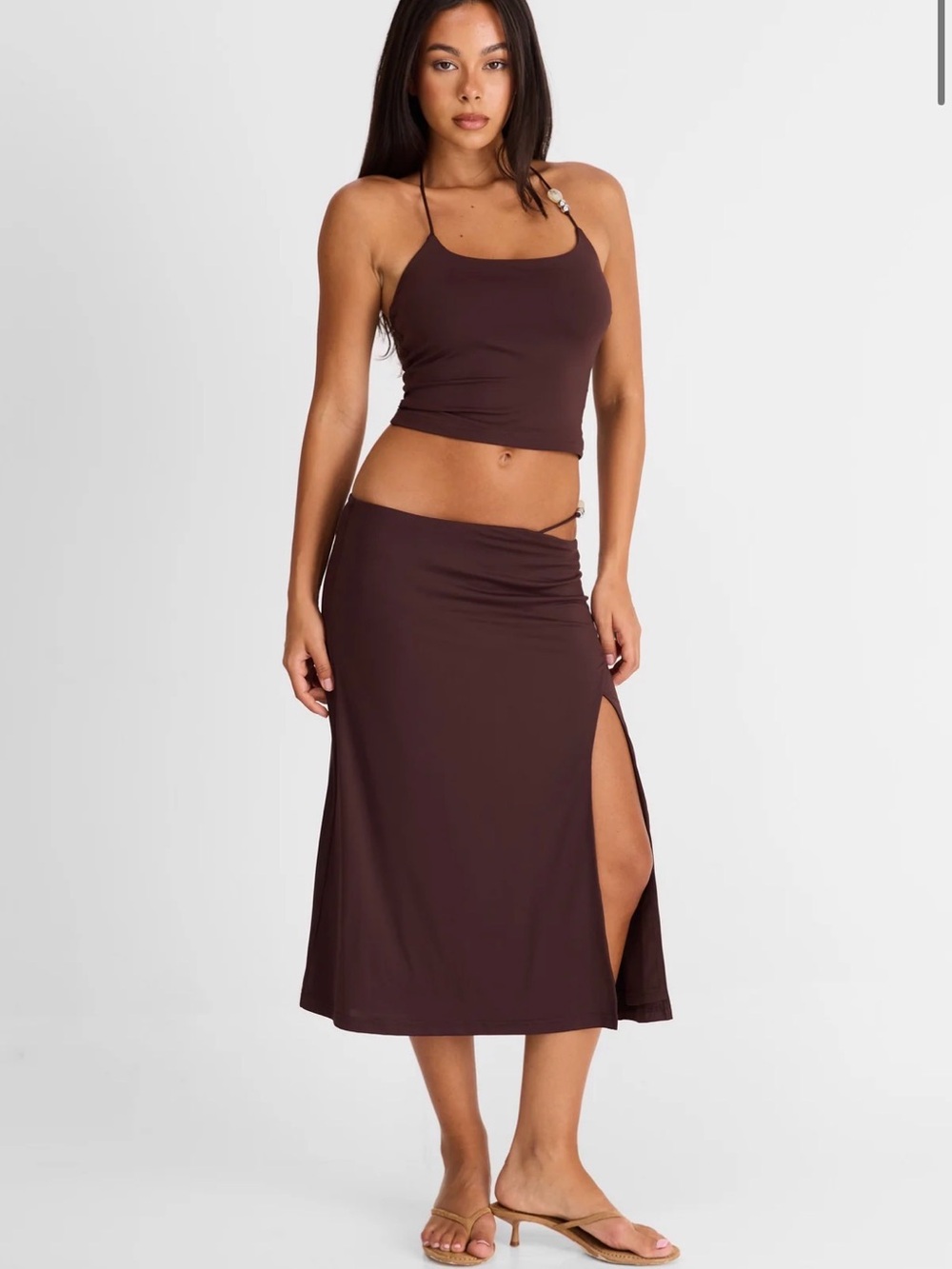Sasha Therese Set - Chocolate Brown Midi Side-Slit Skirt & Matching Halter Top